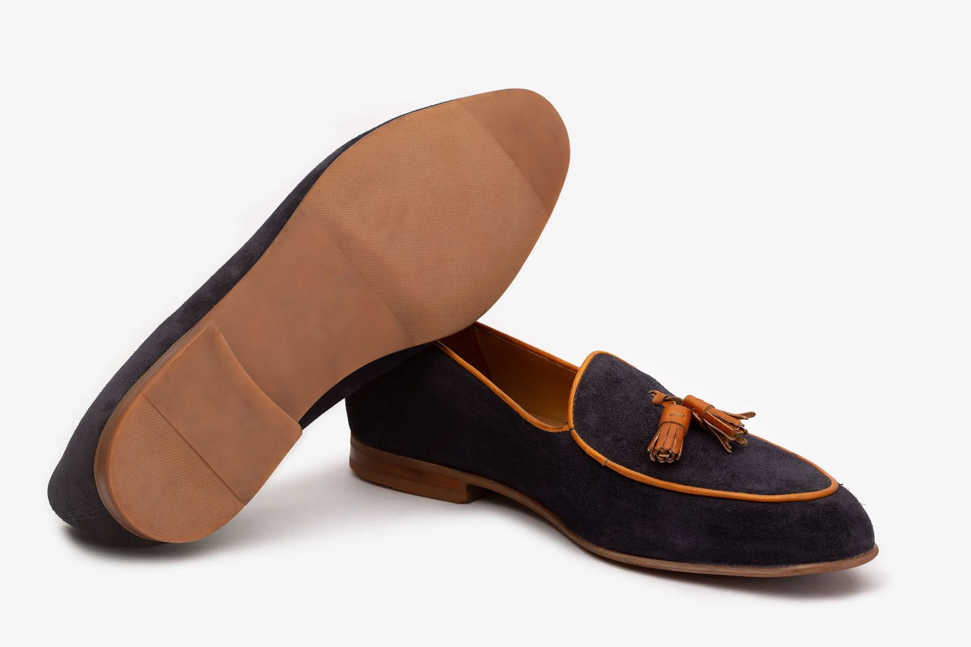 Navy Suede Belgian Loafers With Tan Tassles