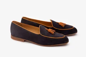 Navy Suede Belgian Loafers With Tan Tassles