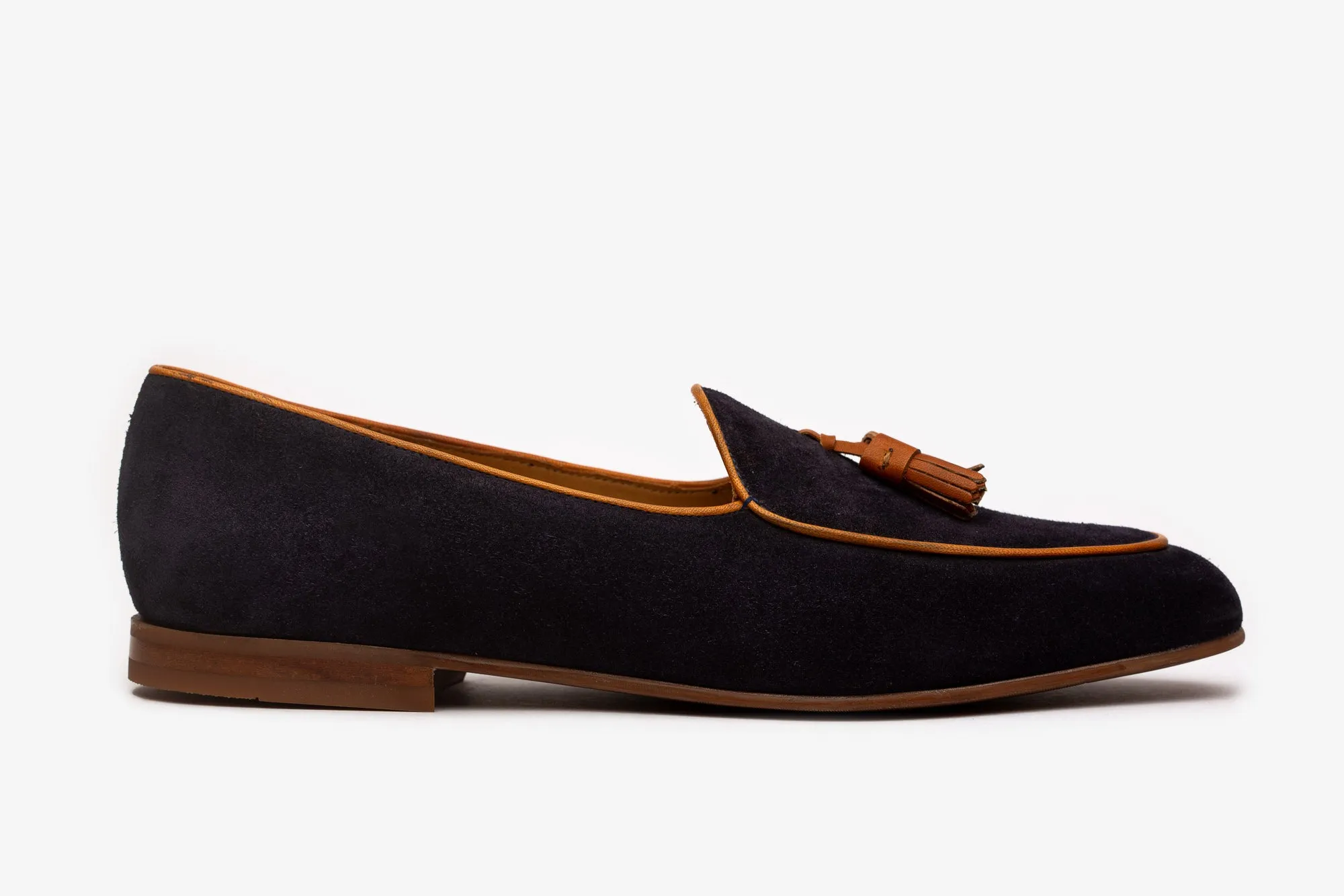 Navy Suede Belgian Loafers With Tan Tassles