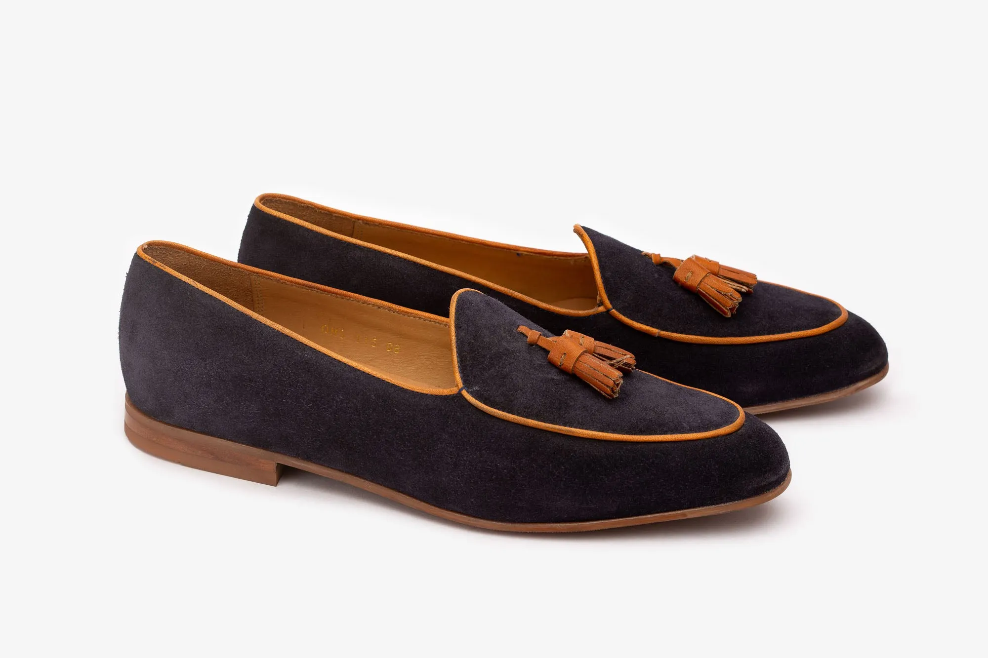 Navy Suede Belgian Loafers With Tan Tassles