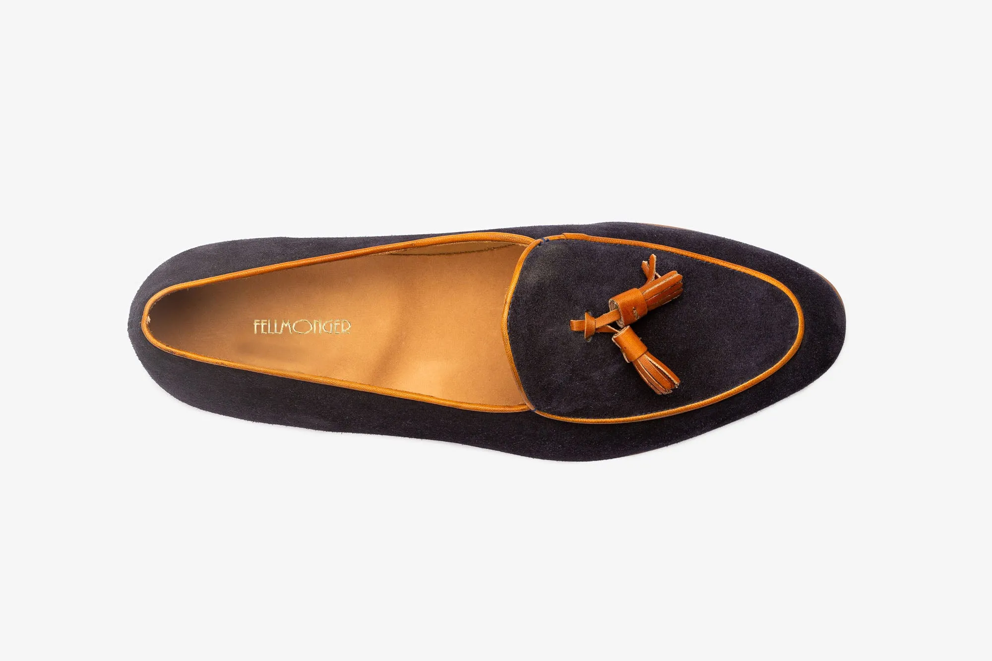 Navy Suede Belgian Loafers With Tan Tassles