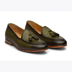Olive Patina Grain Belgian Tassel Loafers