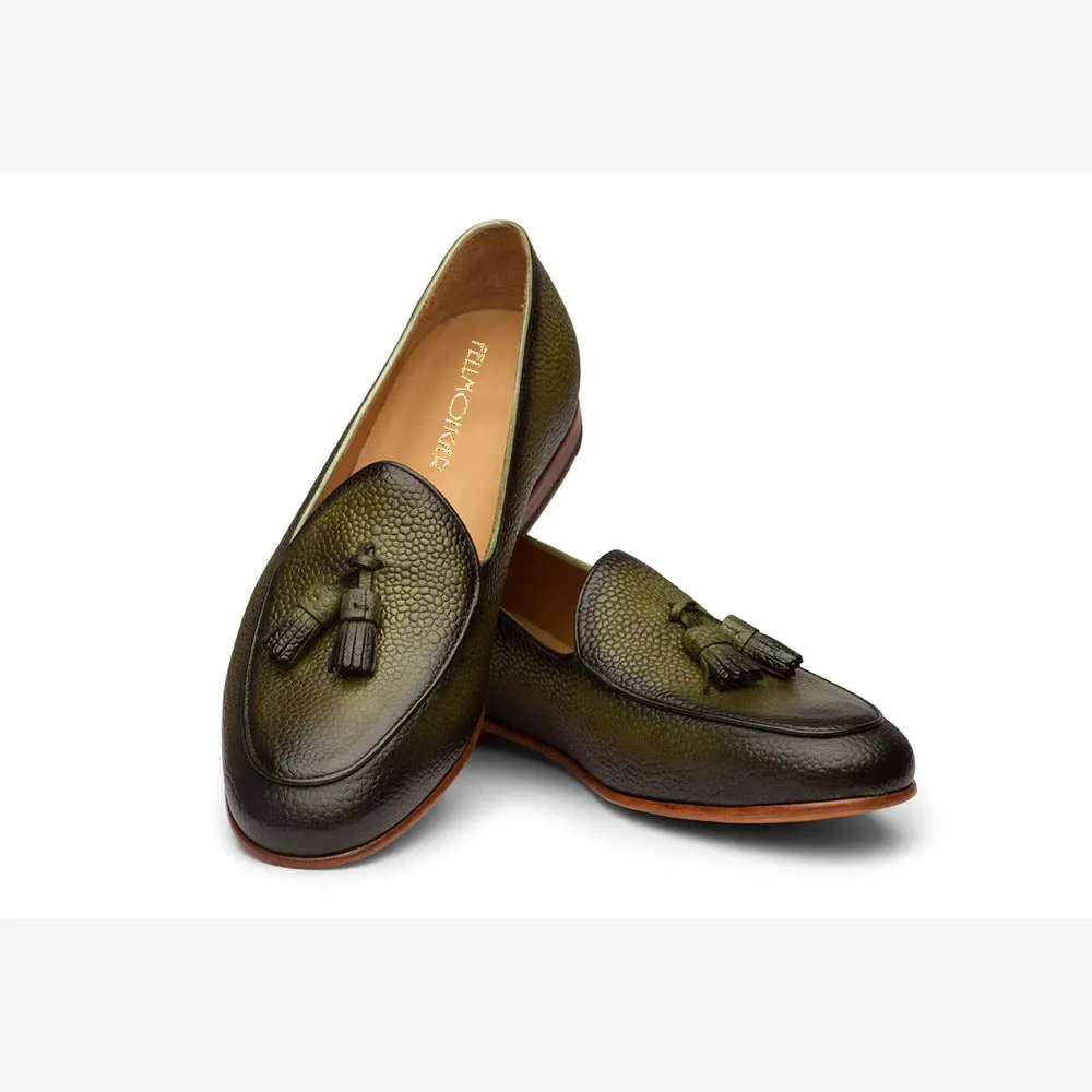 Olive Patina Grain Belgian Tassel Loafers