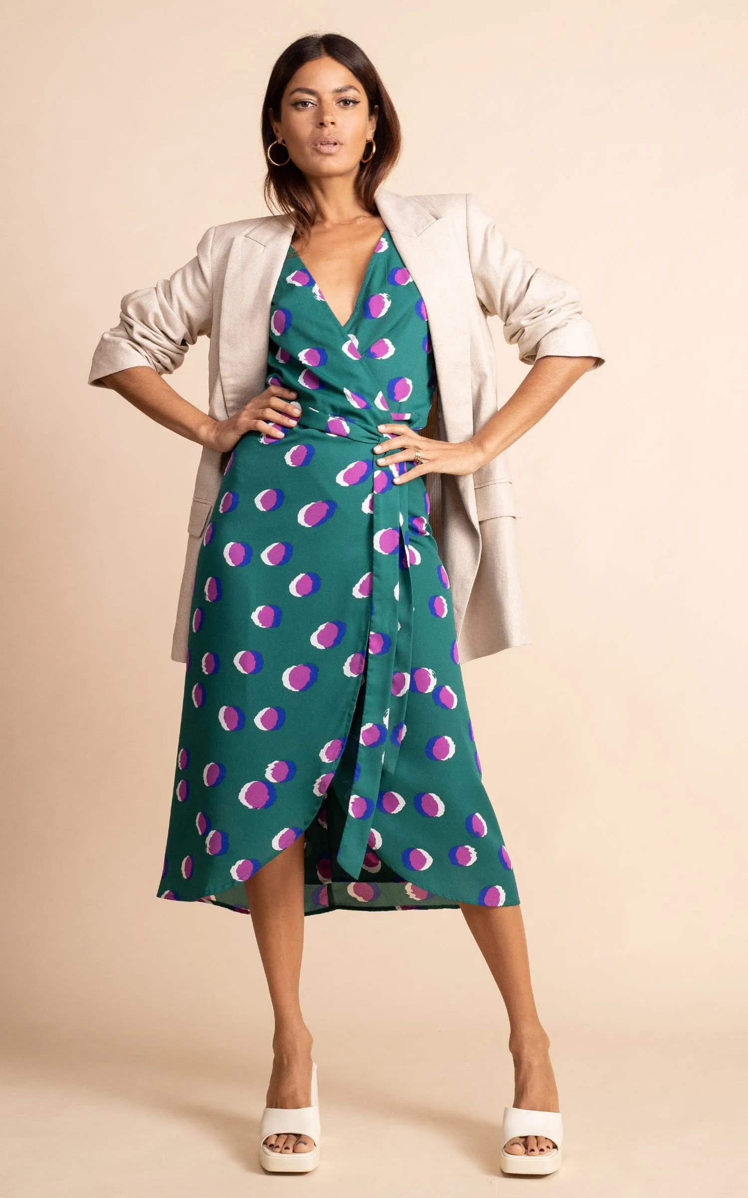 Olivera Midi Dress in Polka Dot Purple on Green