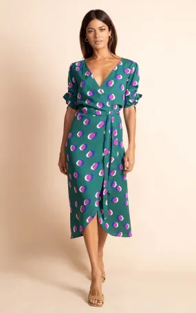 Olivera Midi Dress in Polka Dot Purple on Green