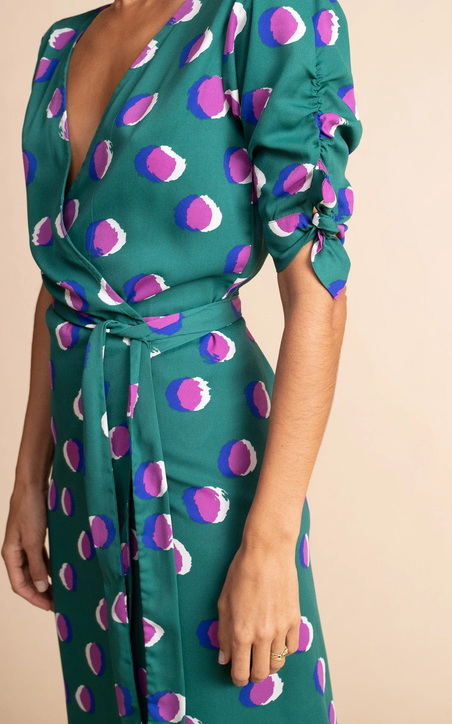Olivera Midi Dress in Polka Dot Purple on Green