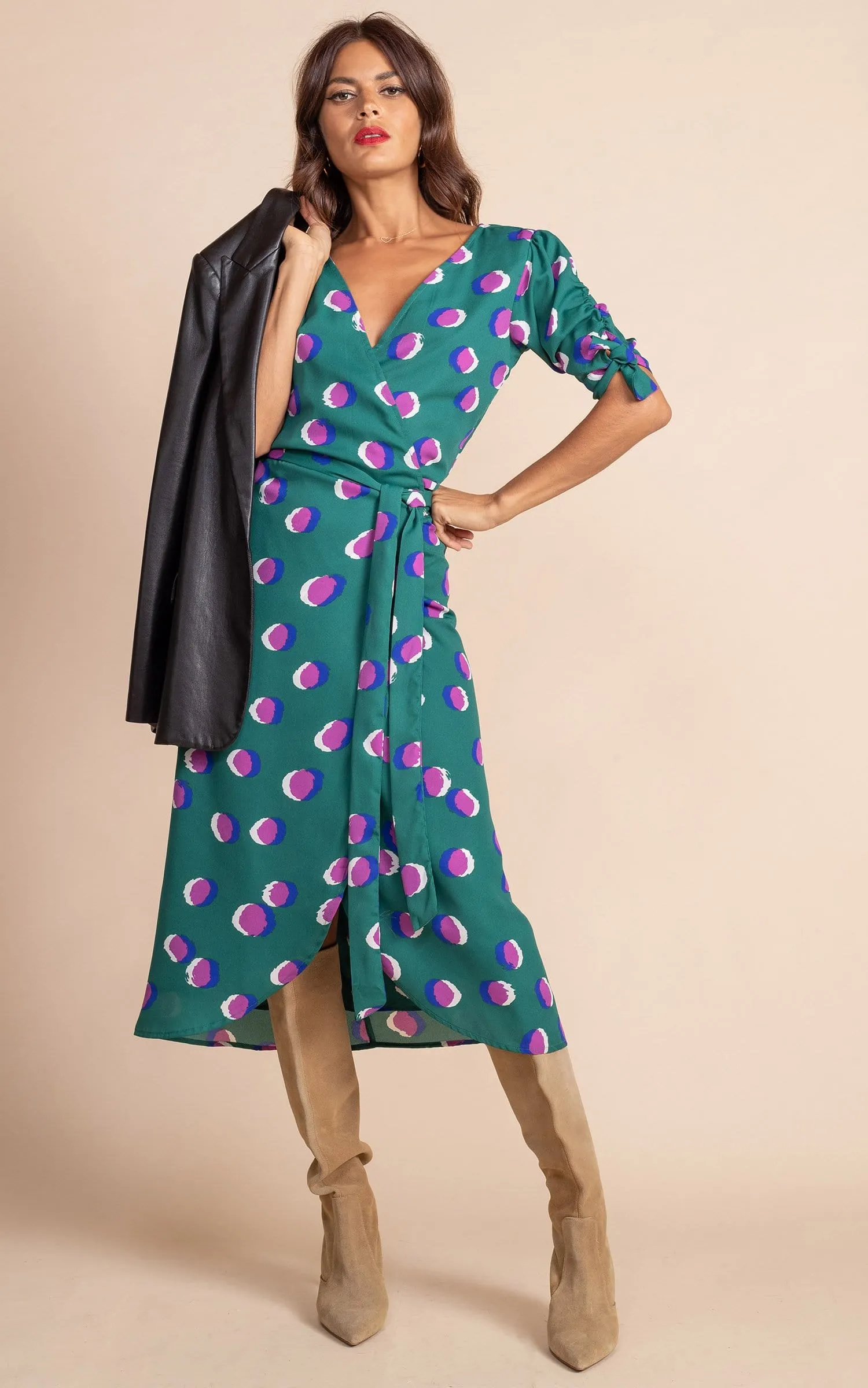 Olivera Midi Dress in Polka Dot Purple on Green