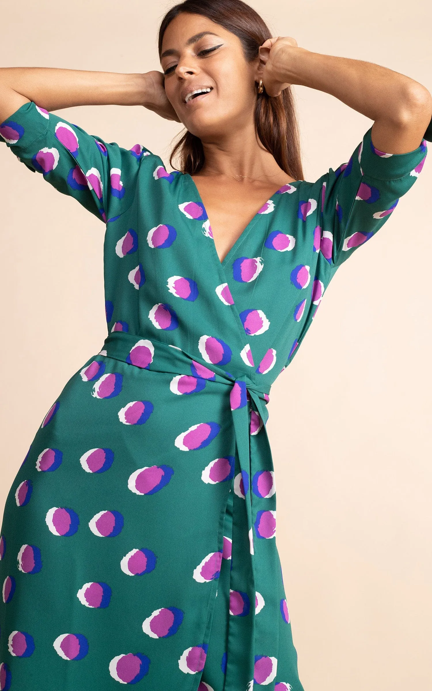 Olivera Midi Dress in Polka Dot Purple on Green