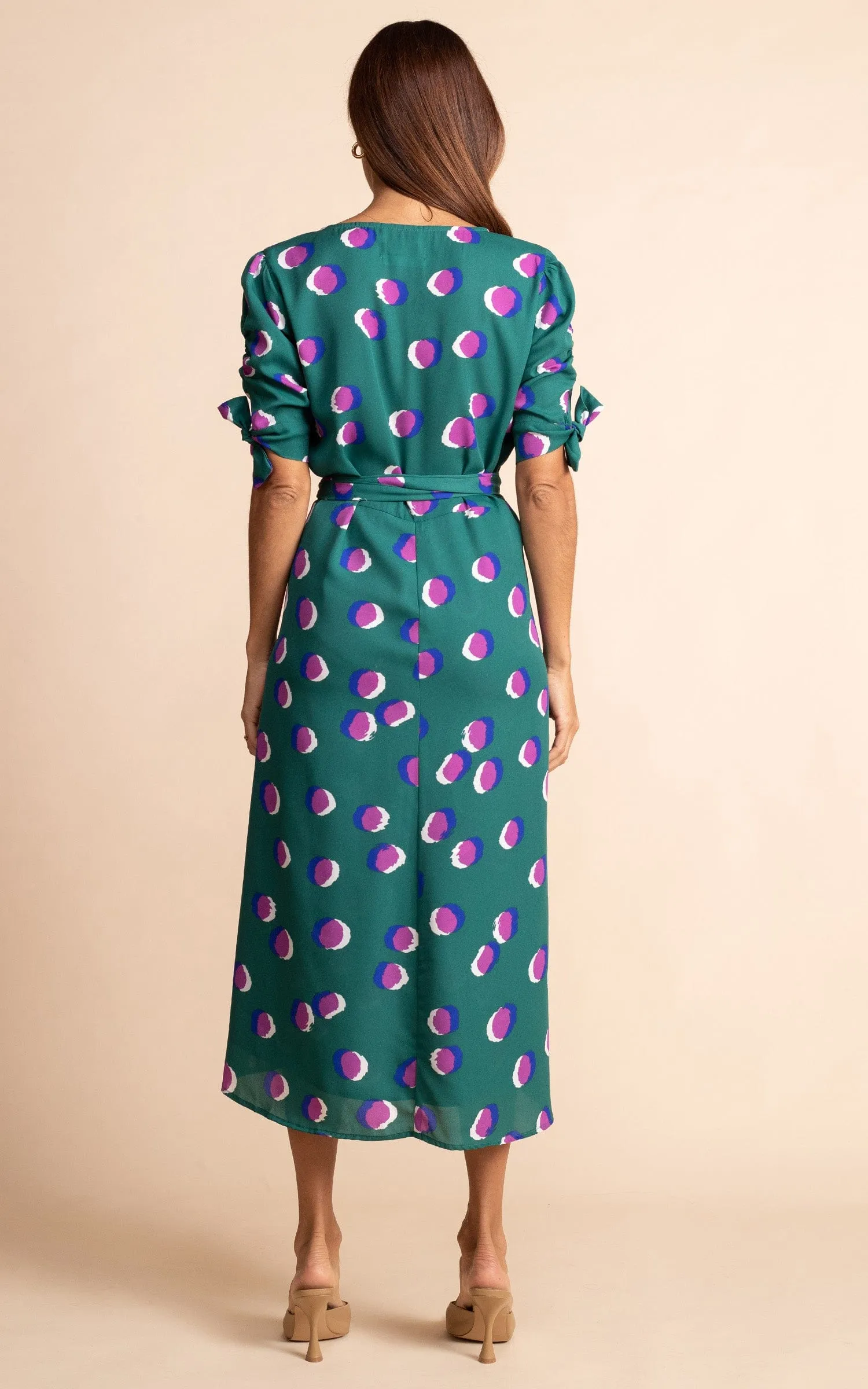 Olivera Midi Dress in Polka Dot Purple on Green