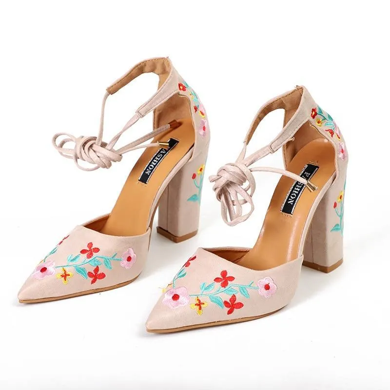 Pointed Toe Embroidery Lace up Heels
