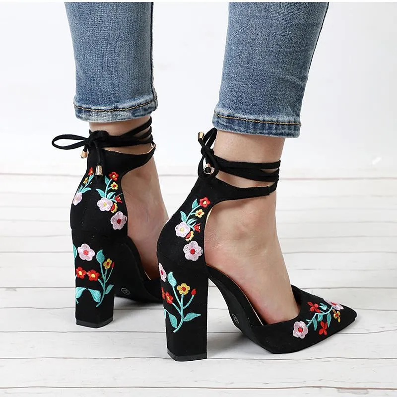 Pointed Toe Embroidery Lace up Heels