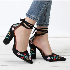 Pointed Toe Embroidery Lace up Heels