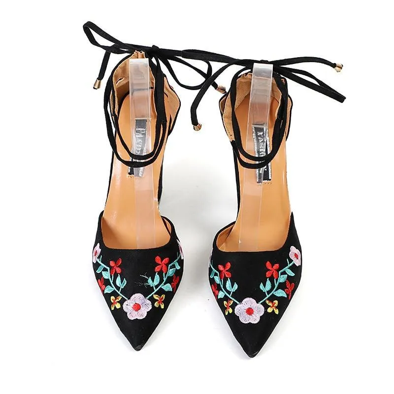 Pointed Toe Embroidery Lace up Heels