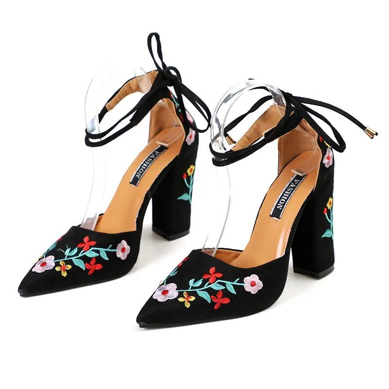 Pointed Toe Embroidery Lace up Heels