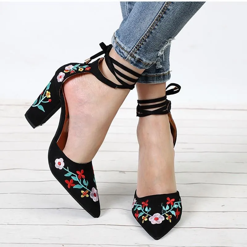 Pointed Toe Embroidery Lace up Heels