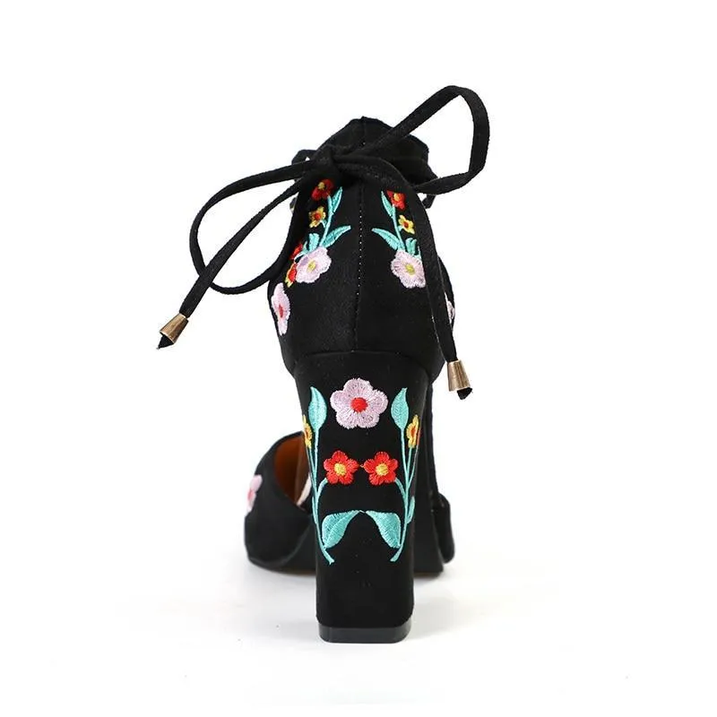 Pointed Toe Embroidery Lace up Heels