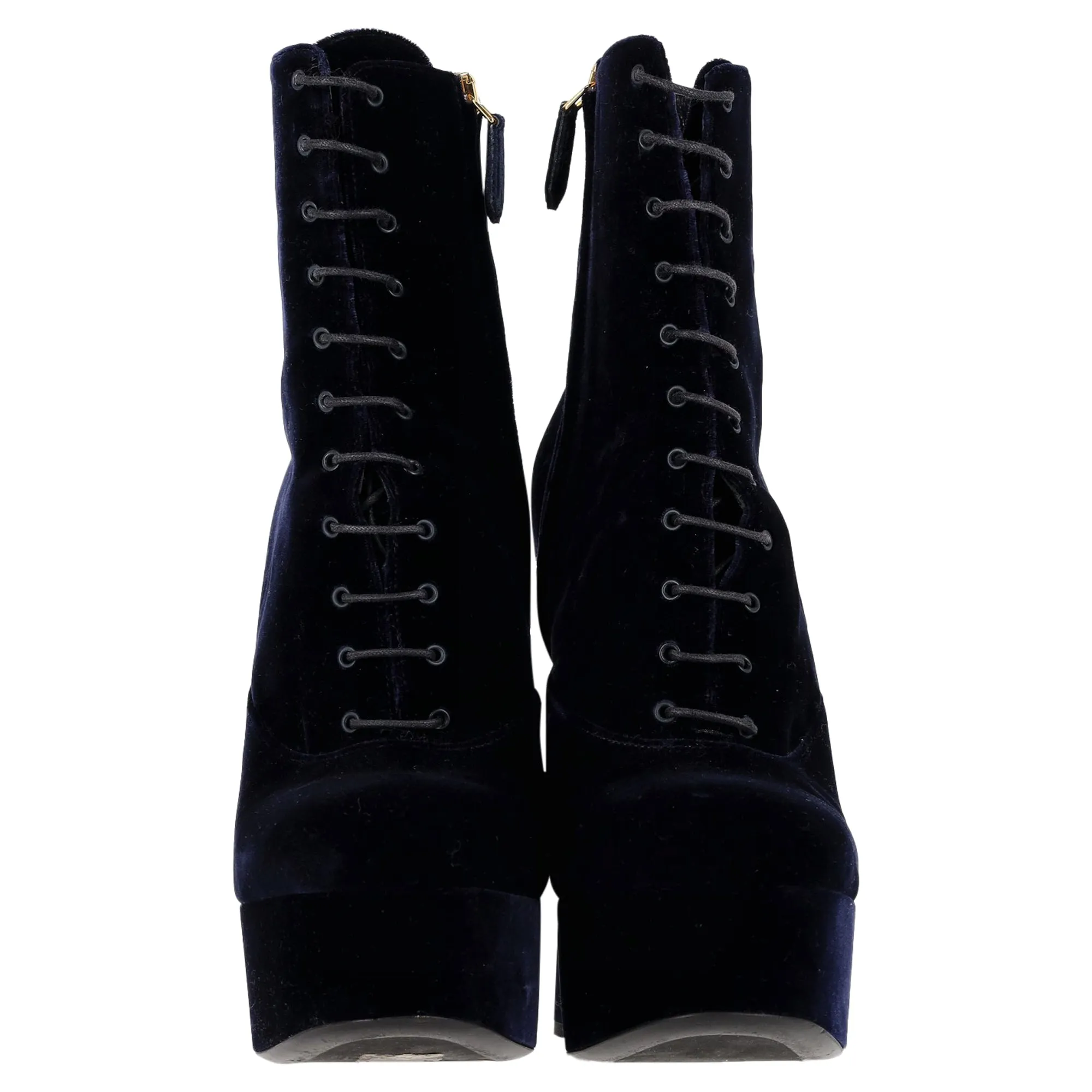 Prada Lace-Up Platform Boots in Navy Blue Velvet