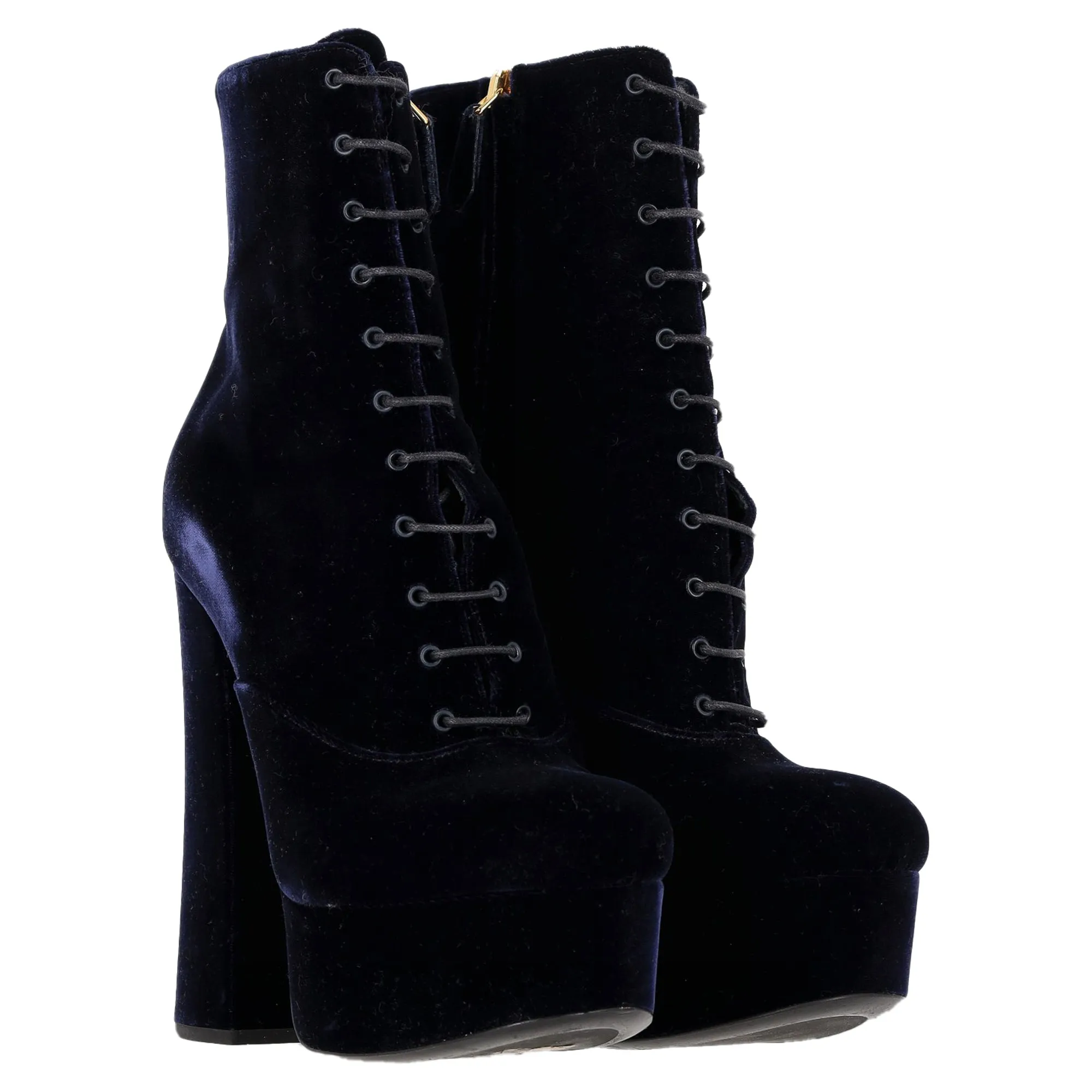 Prada Lace-Up Platform Boots in Navy Blue Velvet