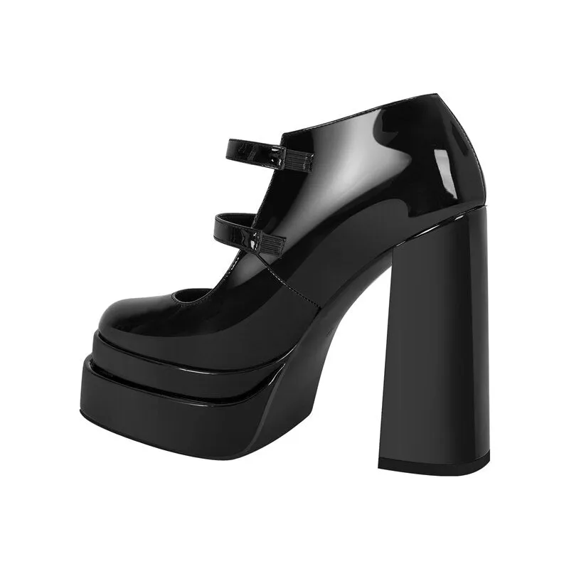 Pump Double Platform Chunky Buckle Ankle Strap Shoes