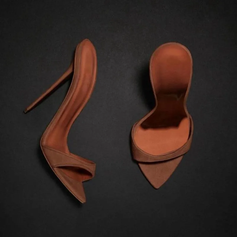 Sexy dark apricot pointed peep toe backless stiletto high heels