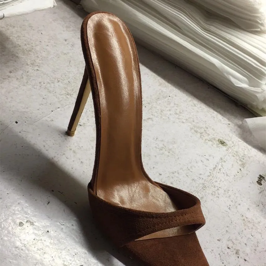 Sexy dark apricot pointed peep toe backless stiletto high heels