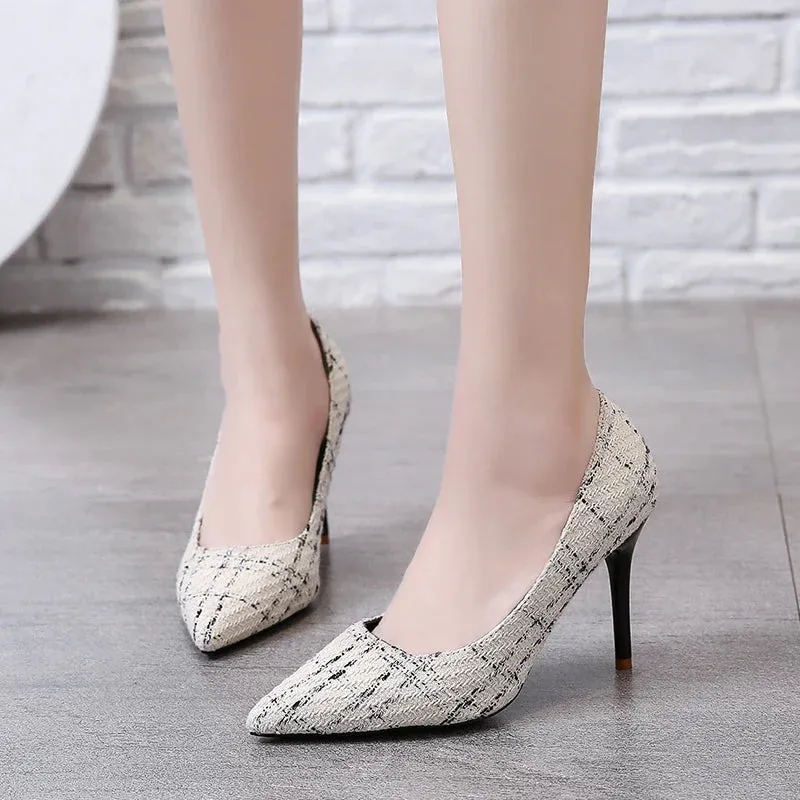 Simple Color Matching Plaid Design Shopping Walking New Style High Heel