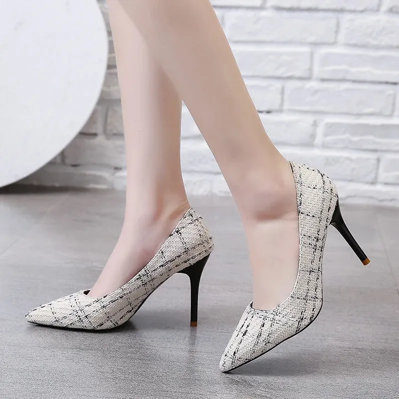 Simple Color Matching Plaid Design Shopping Walking New Style High Heel