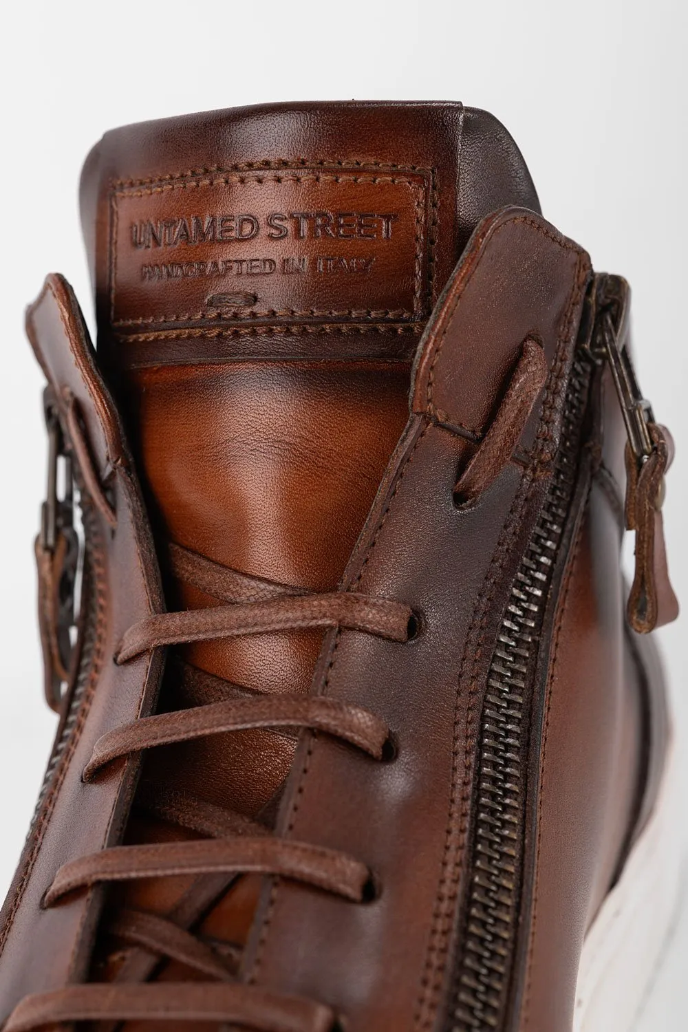 SOHO cocoa-brown patina high sneakers.