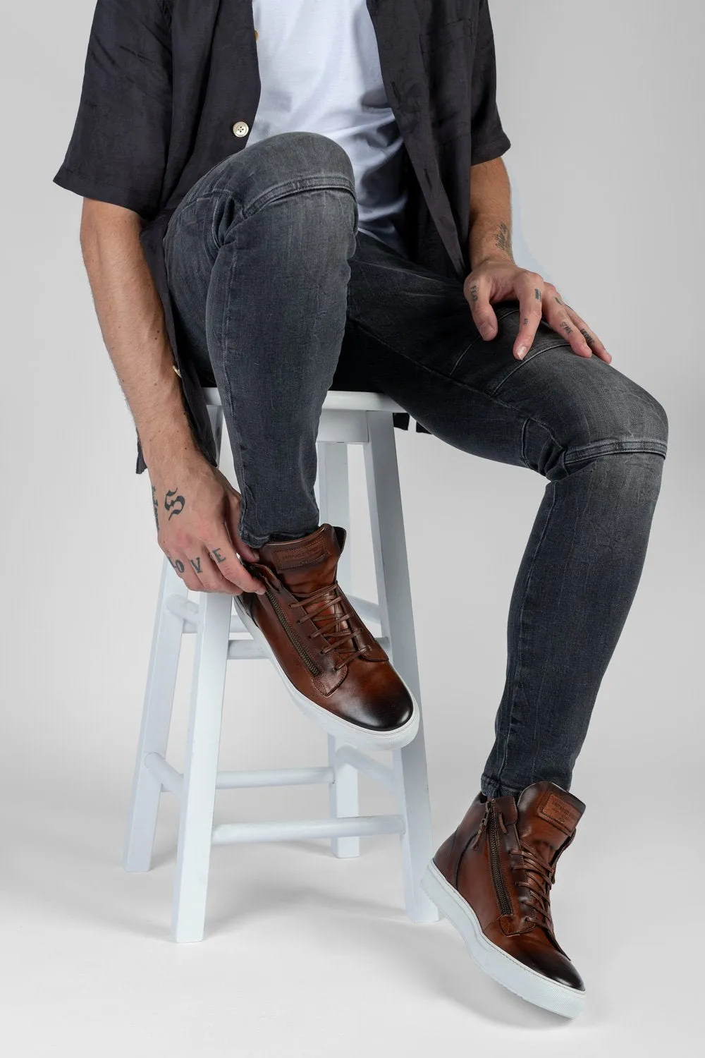 SOHO cocoa-brown patina high sneakers.