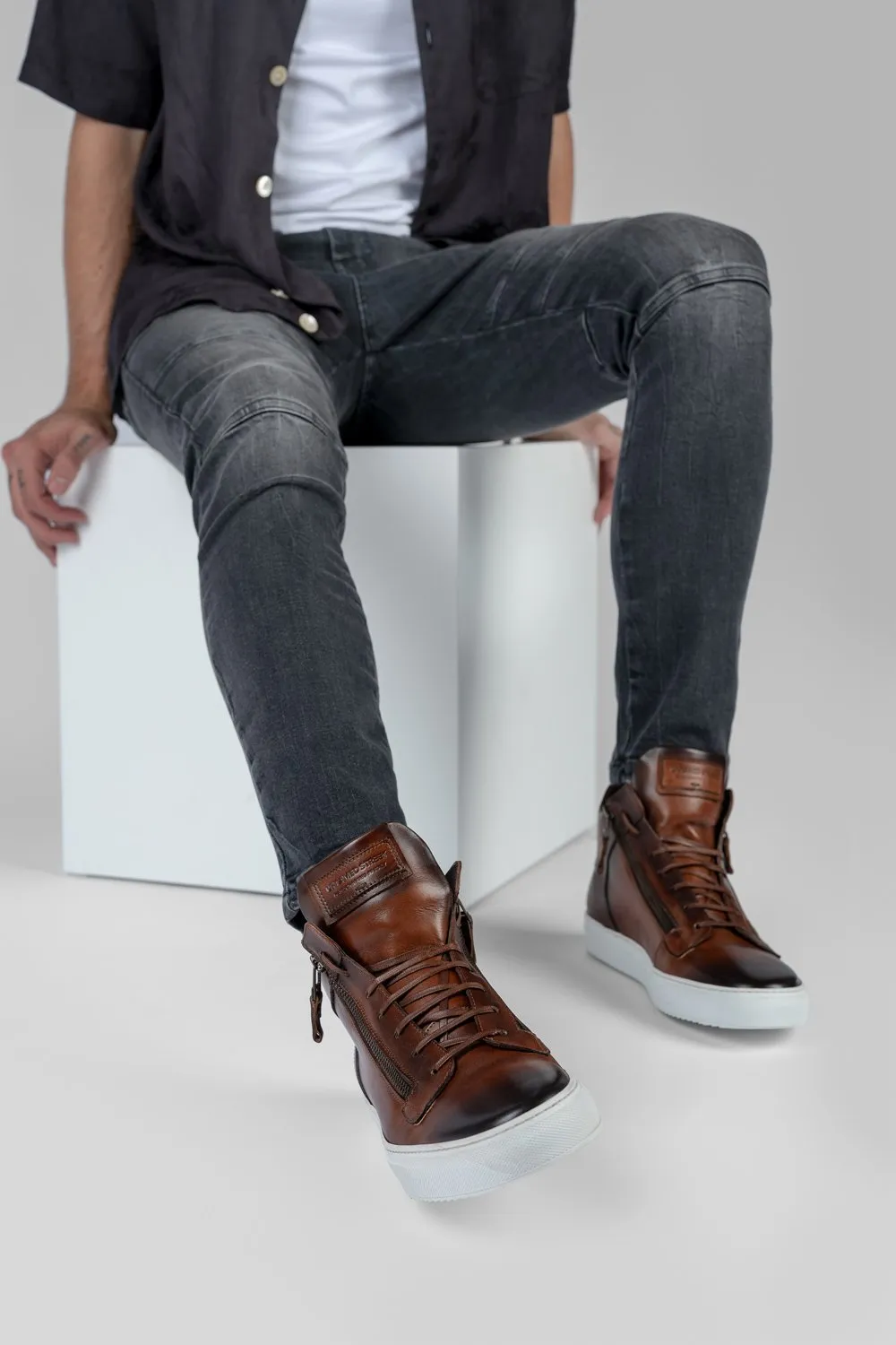 SOHO cocoa-brown patina high sneakers.