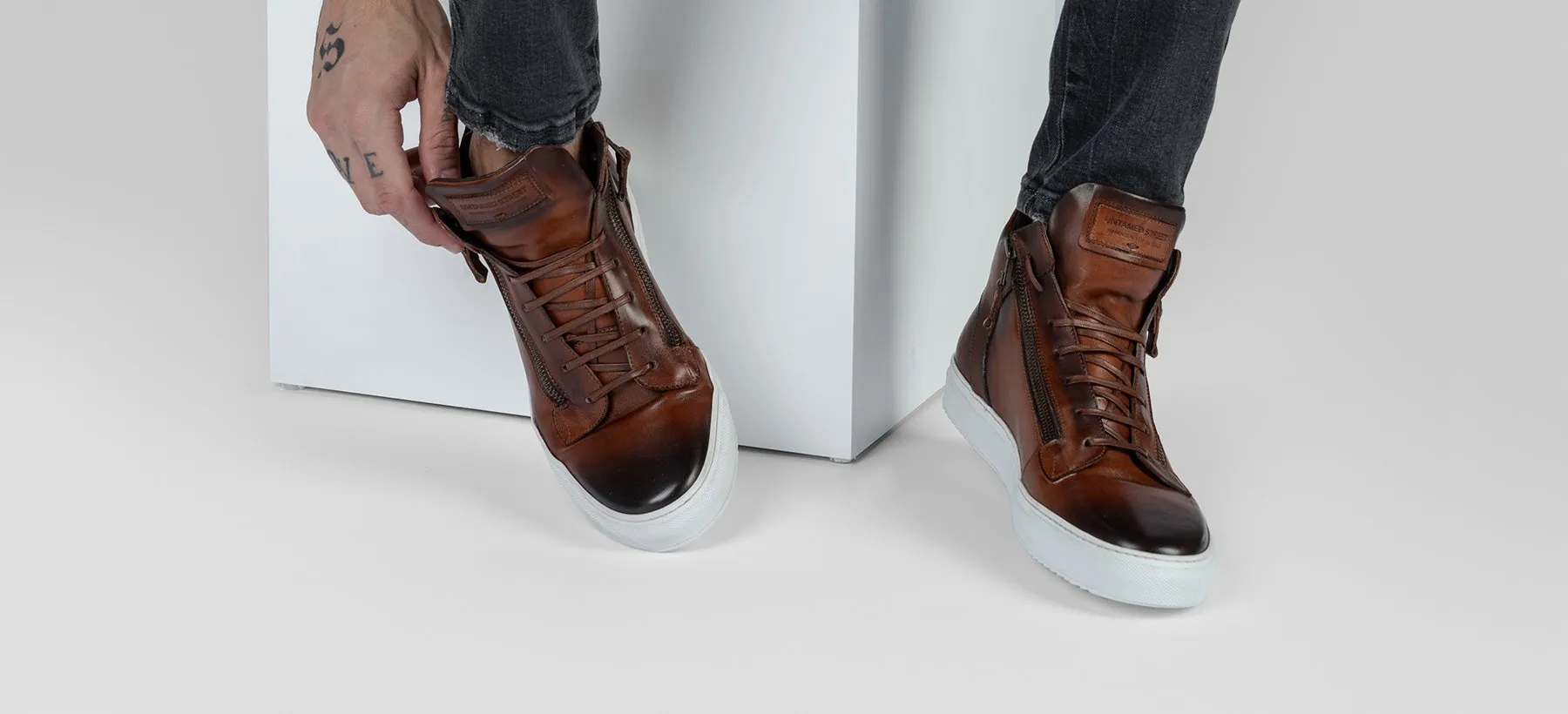 SOHO cocoa-brown patina high sneakers.