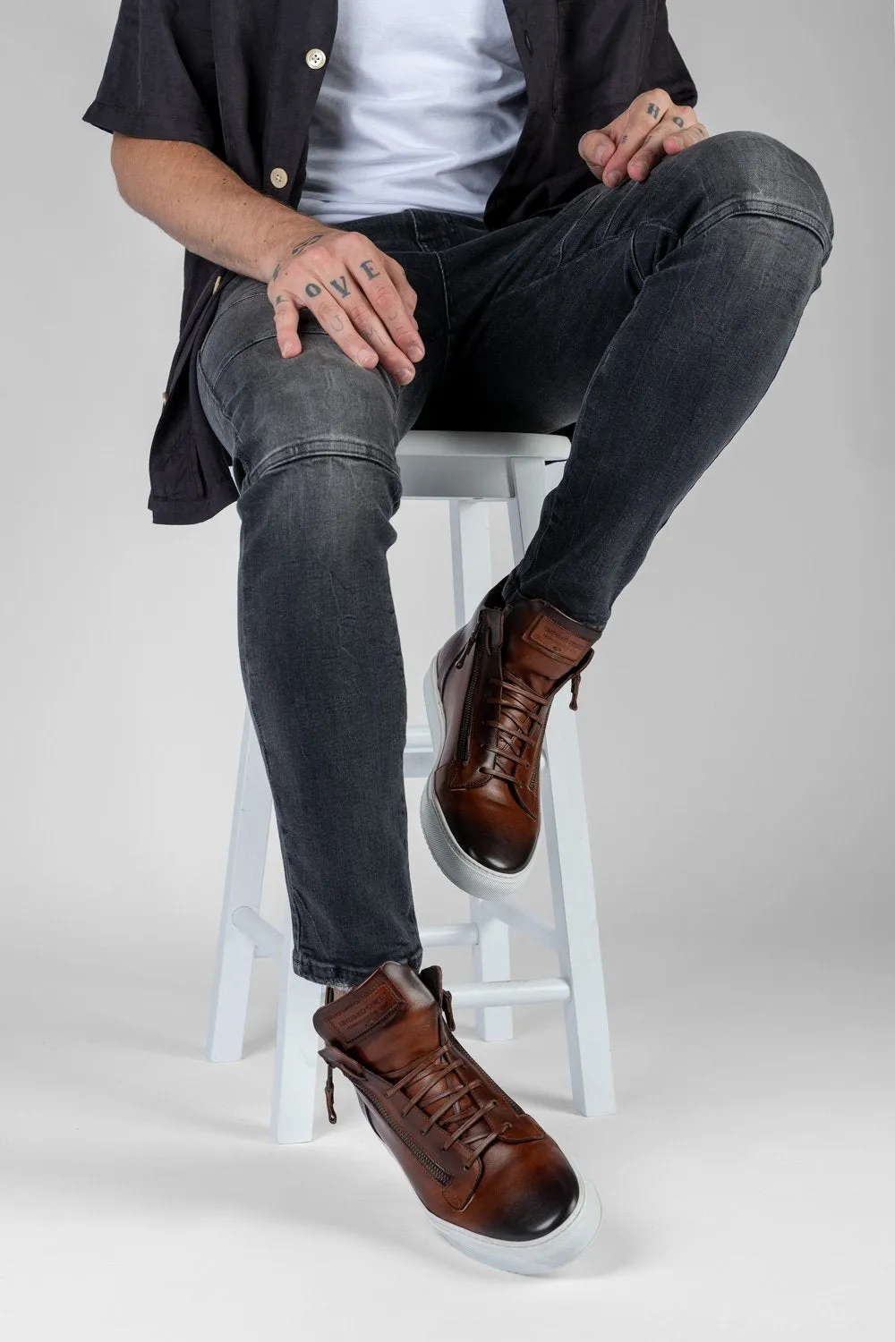 SOHO cocoa-brown patina high sneakers.
