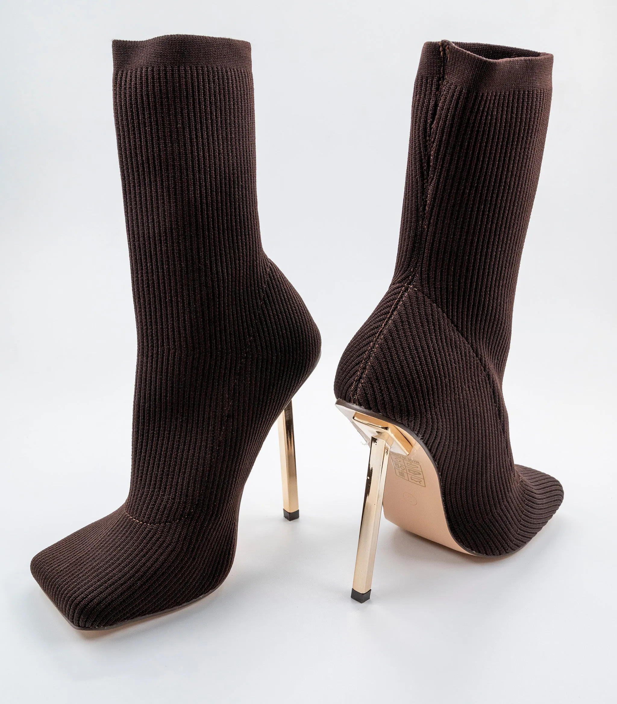 SOUFFLE CHOCOLATE KNIT STILETTO HEEL SOCK ANKLE BOOT