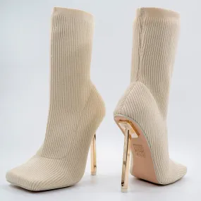 SOUFFLE ECRU KNIT STILETTO HEEL SOCK ANKLE BOOT