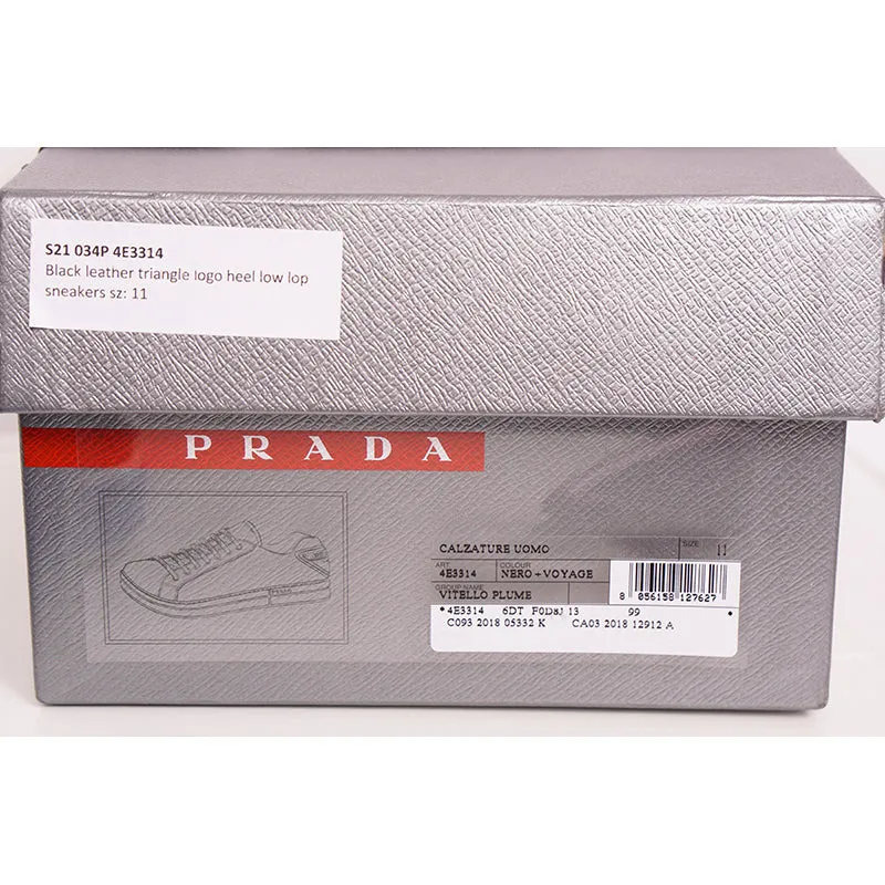 UK 11 US 12 NEW $895 PRADA Mens Black Leather TRIANGLE LOGO Low Top SNEAKERS NIB
