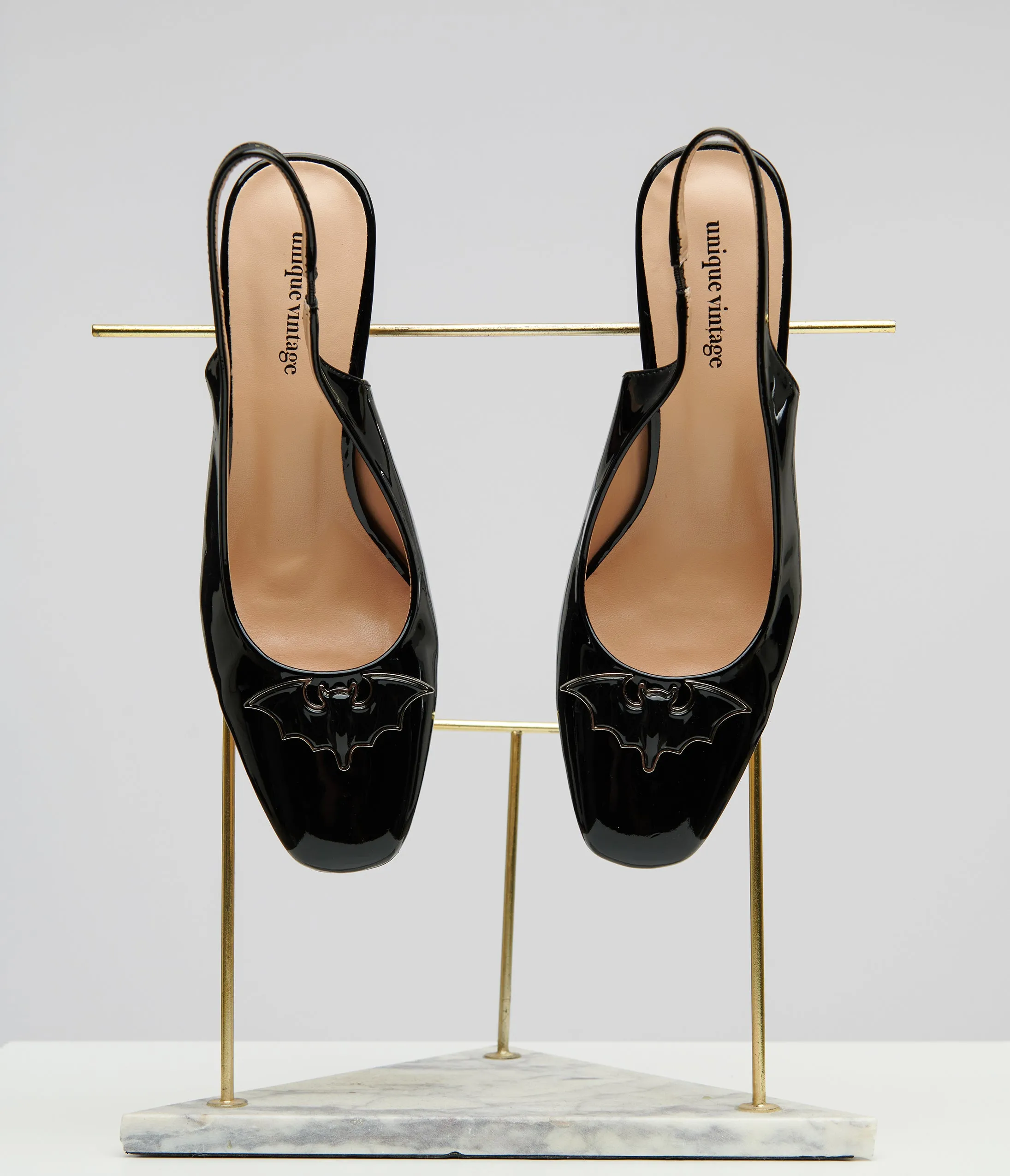 Unique Vintage Black Bat Leatherette Slingback Heels