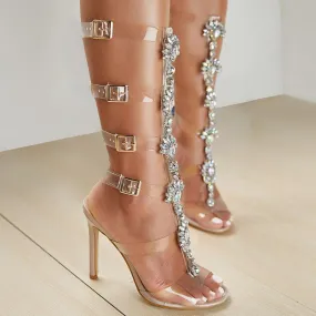 Women clear strap roman stiletto high heel rhinestone heels