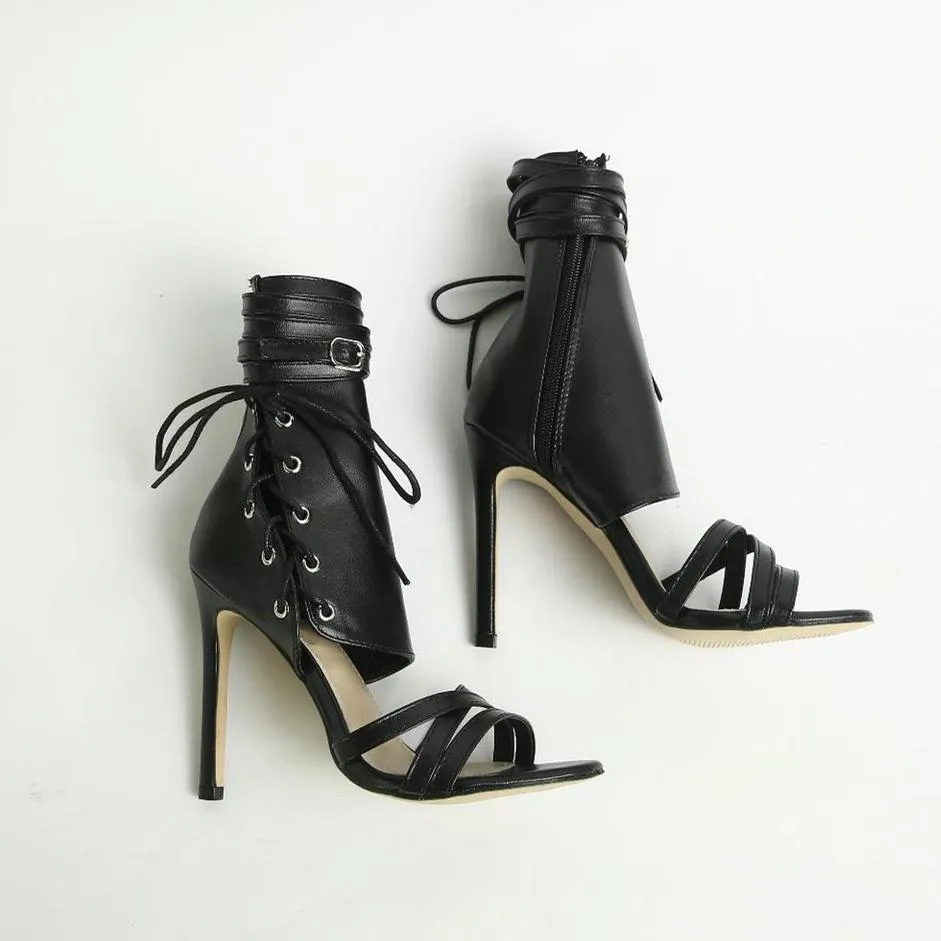 Women peep toe ankle strappy stiletto lace up heels