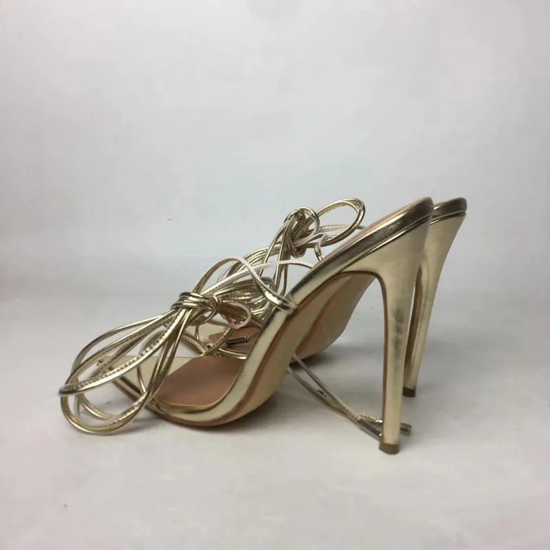 Women pointed open toe slingback lace up strappy gold high heels