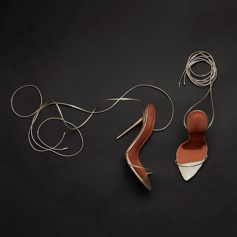 Women pointed open toe slingback lace up strappy gold high heels
