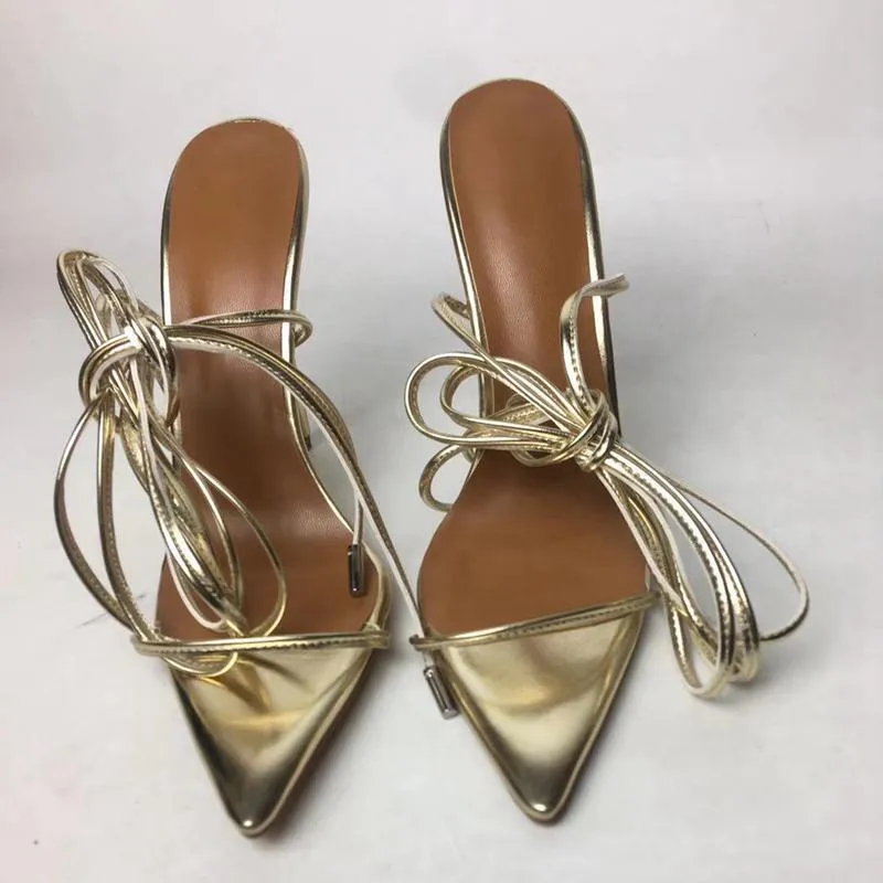 Women pointed open toe slingback lace up strappy gold high heels