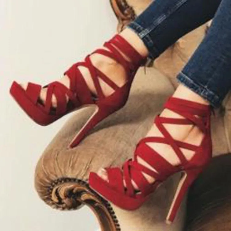 Women sexy peep toe criss cross lace up strappy heels