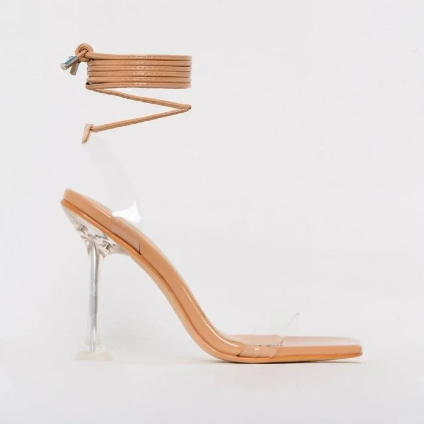 Women square peep toe clear stiletto strappy lace up heels