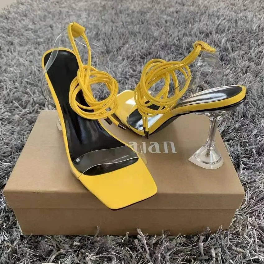Women square peep toe clear stiletto strappy lace up heels