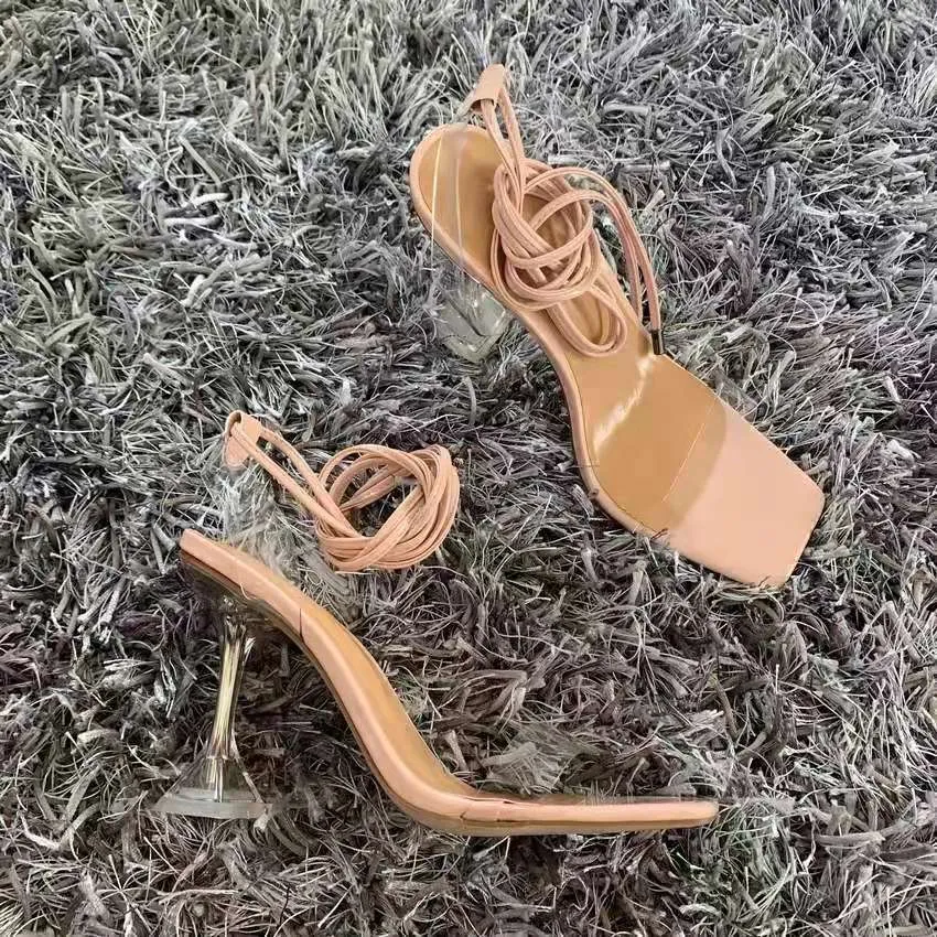 Women square peep toe clear stiletto strappy lace up heels