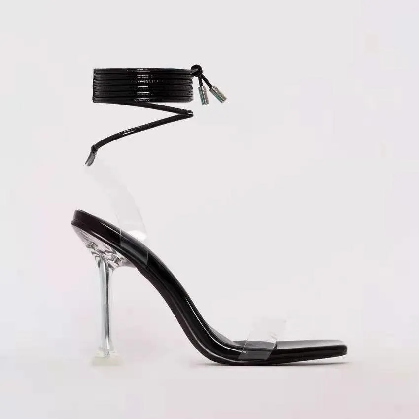 Women square peep toe clear stiletto strappy lace up heels