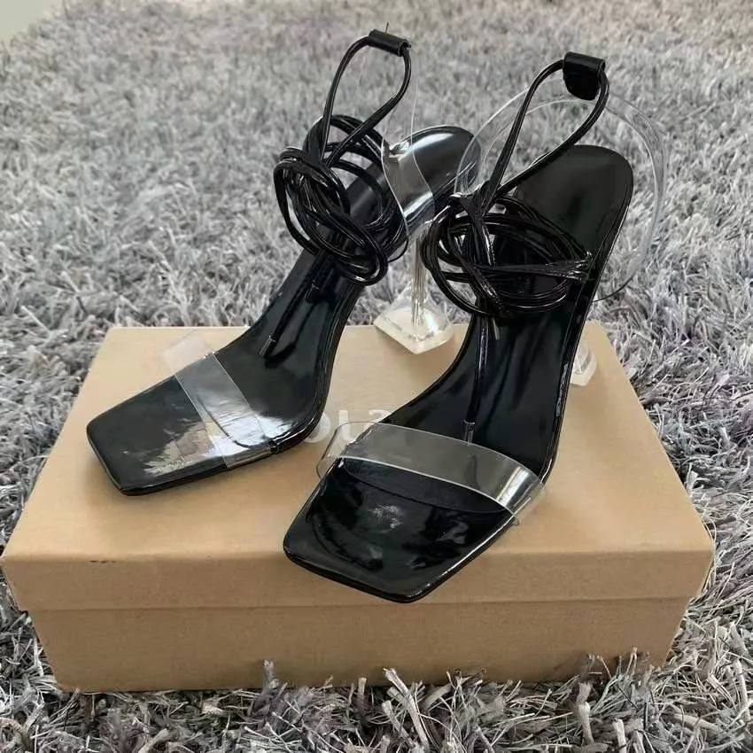 Women square peep toe clear stiletto strappy lace up heels