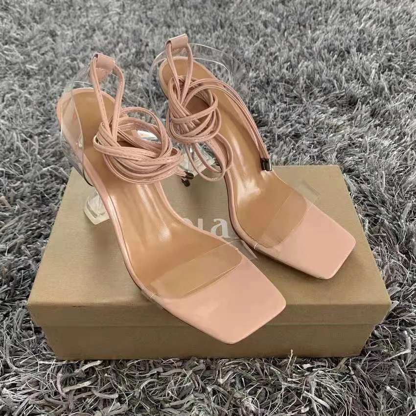 Women square peep toe clear stiletto strappy lace up heels