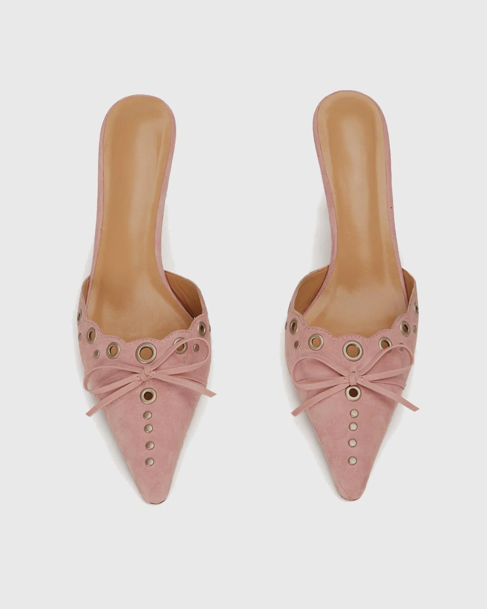 Zabella Rivet Cutout Bow Velvet Mules In Pink
