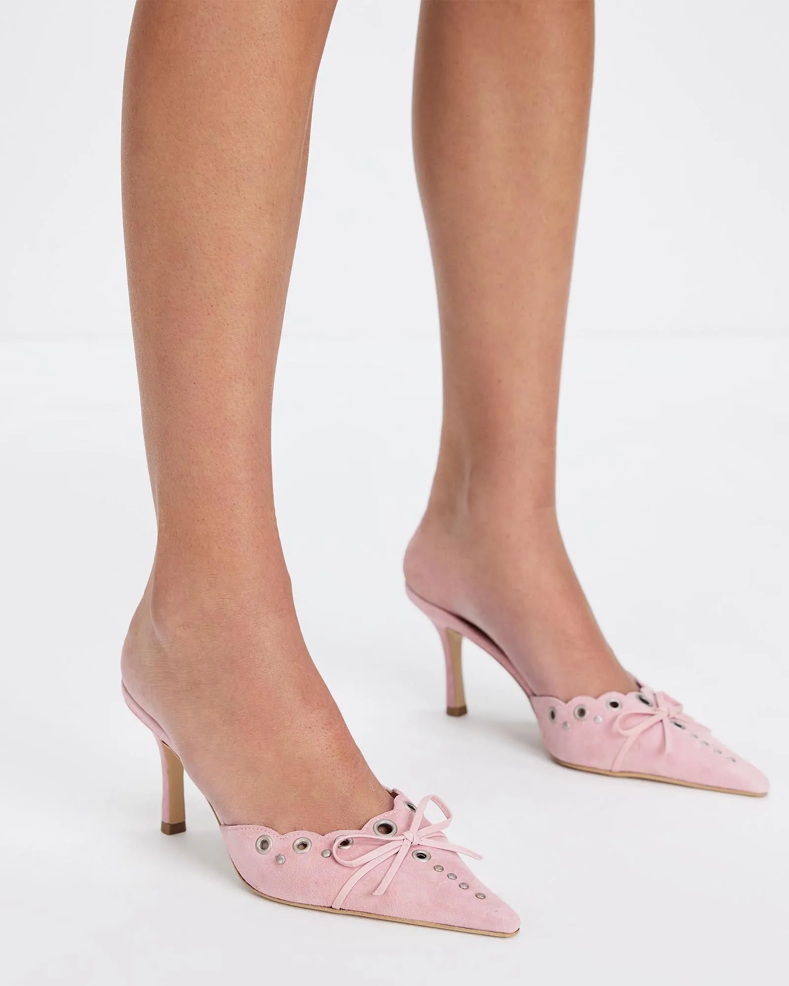 Zabella Rivet Cutout Bow Velvet Mules In Pink